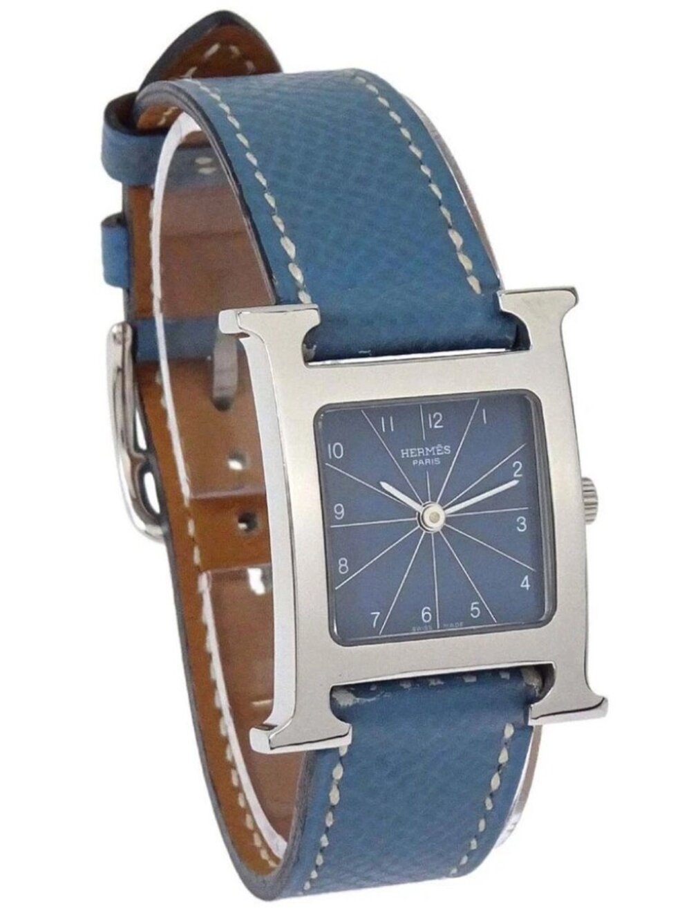Hermes H Watch 21mm HH1.210 Quartz Courchevel Watch □F Blue Jean